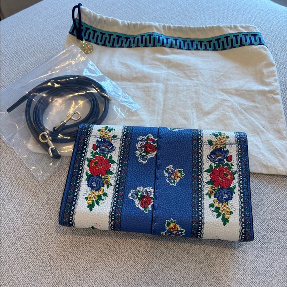 Tory Burch McGraw Leather Blue and White Floral Crossbody Purse - Picture 6 of 10